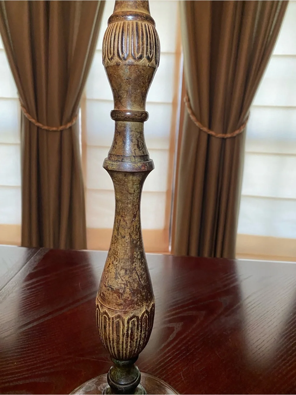 Decorative 20.5 inch painted metal candlestick with lWood-Tone and patina finish